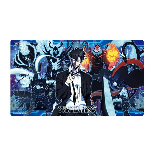 Solo Leveling Union Arena playmat, 33x61cm rubber and polyester mat featuring Sung Jinwoo and shadow soldiers.