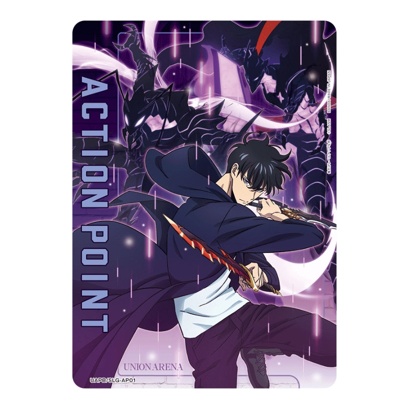 Solo Leveling Action Point card featuring Sung Jinwoo with daggers against a dark purple background, 33x61cm rubber playmat.