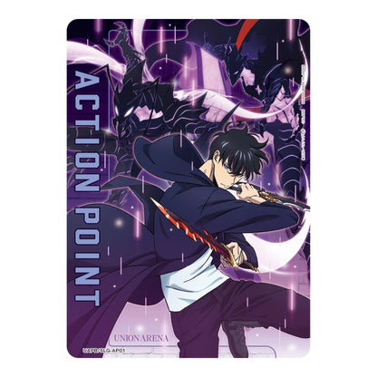 Solo Leveling Action Point card featuring Sung Jinwoo with daggers against a dark purple background, 33x61cm rubber playmat.
