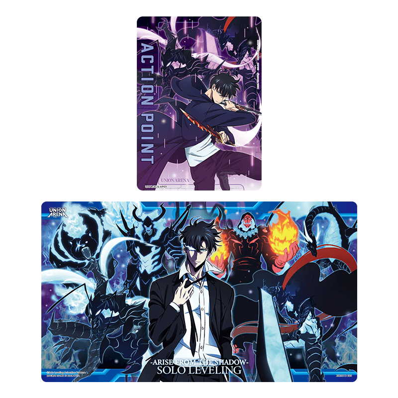 Solo Leveling Union Arena playmat and action point card set featuring Sung Jinwoo in a durable polyester rubber design.