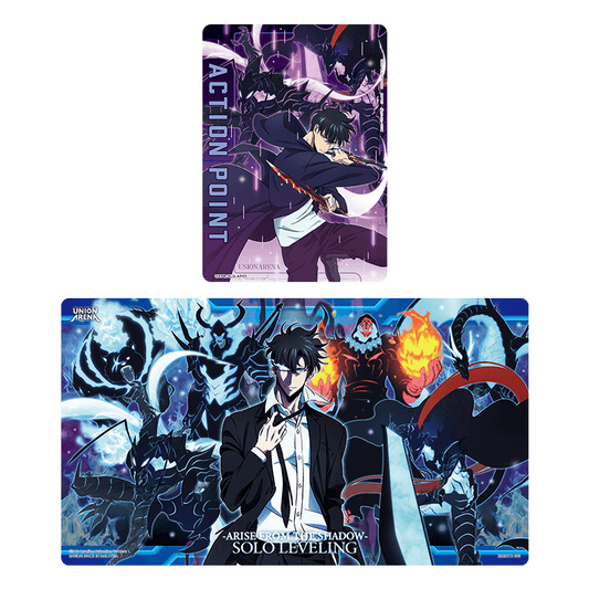 Solo Leveling Union Arena playmat and action point card set featuring Sung Jinwoo in a durable polyester rubber design.