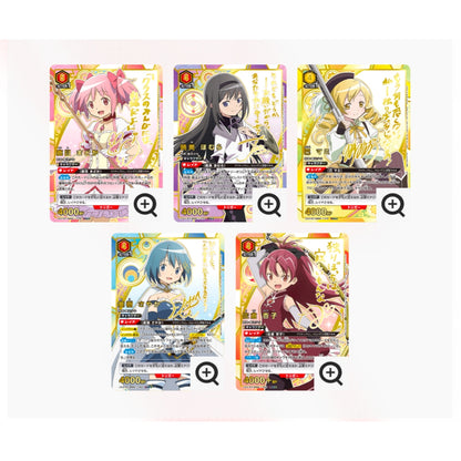 Five Union Arena Puella Magi Madoka Magica character cards featuring vibrant anime illustrations, gold foil accents, and text.