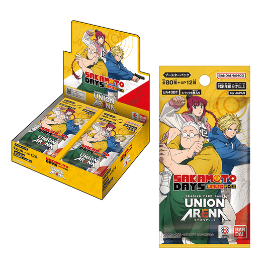 Union Arena Sakamoto Days booster box and single pack featuring colorful anime character artwork and Bandai branding.