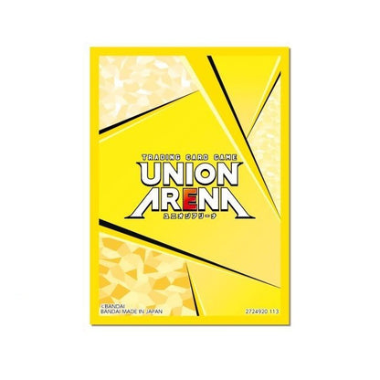 Yellow Union Arena card game sleeve with black and white logo, geometric patterns, and "BANDAI MADE IN JAPAN" text.