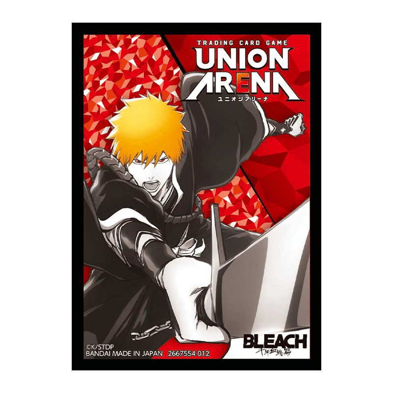 Union Arena BLEACH card sleeve featuring Ichigo Kurosaki in black and white, with orange hair, against a red geometric background.