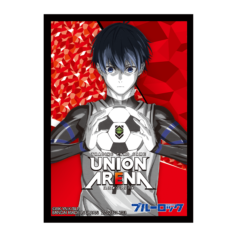 Union Arena Blue Lock card sleeve featuring a male anime character holding a soccer ball against a red background.