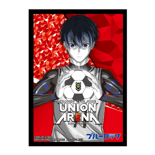 Union Arena Blue Lock card sleeve featuring a male anime character holding a soccer ball against a red background.