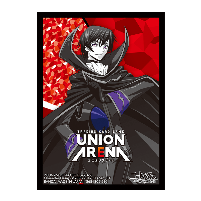 Union Arena Code Geass card sleeve featuring Lelouch in black and purple, against a red geometric background.