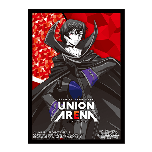 Union Arena Code Geass card sleeve featuring Lelouch in black and purple, against a red geometric background.