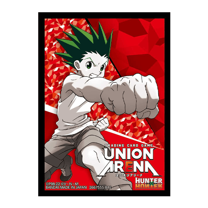 Union Arena card sleeve featuring Hunter X Hunter's Gon Freecss in a fighting pose against a red geometric background.