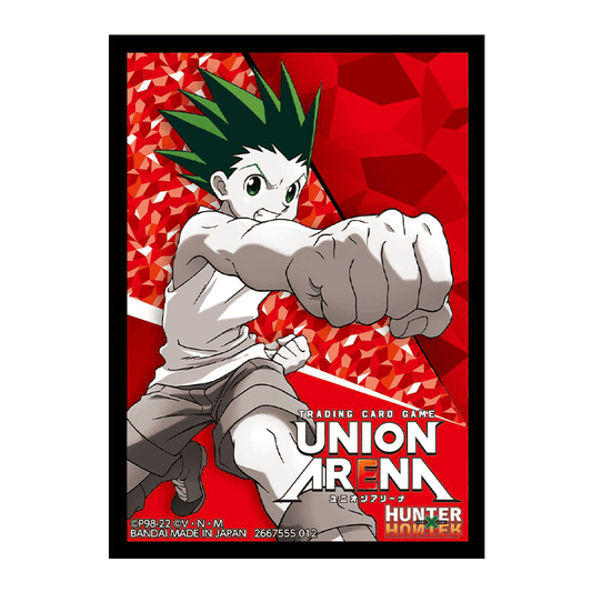 Union Arena card sleeve featuring Hunter X Hunter's Gon Freecss in a fighting pose against a red geometric background.