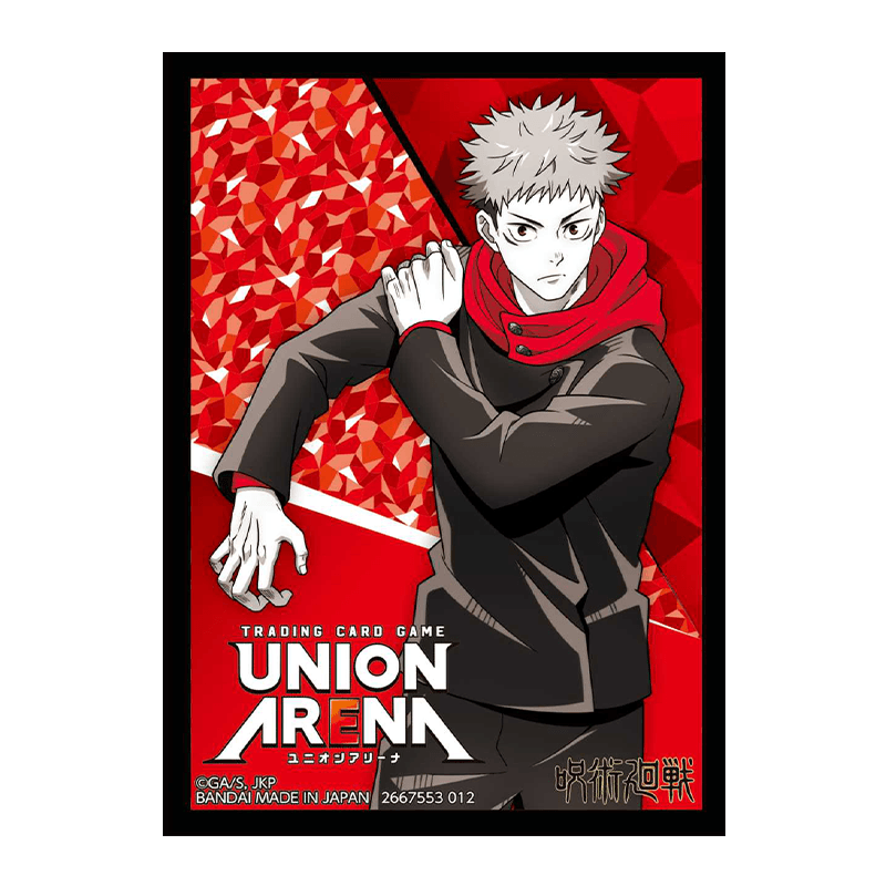 Jujutsu Kaisen Union Arena card sleeve featuring Yuji Itadori in a black jacket and red hoodie against a red background.