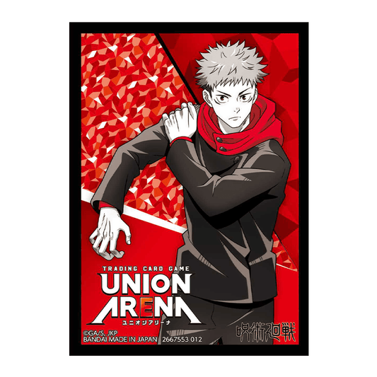 Jujutsu Kaisen Union Arena card sleeve featuring Yuji Itadori in a black jacket and red hoodie against a red background.