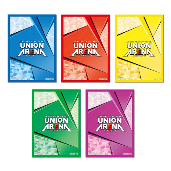 Five Union Arena card sleeves in blue, red, yellow, green, and purple with geometric designs.