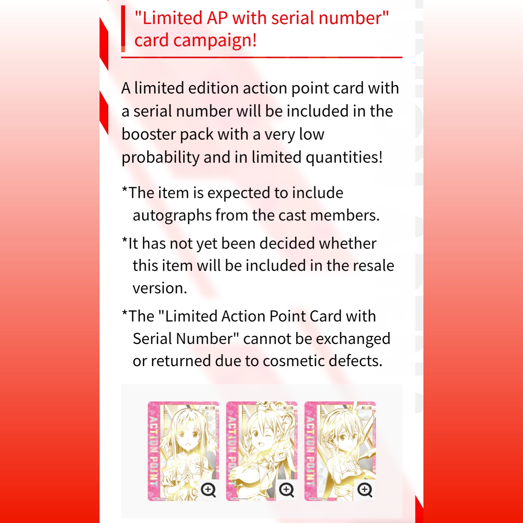 Three vertical Japanese Union Arena AP cards featuring anime characters, with pink "ACTION POINT" text.