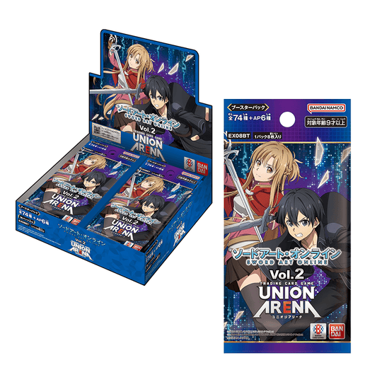 Japanese Union Arena SAO Vol.2 booster box with multiple packs featuring Kirito and Asuna on blue and black packaging.