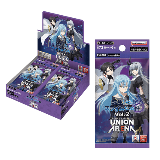 Union Arena TenSura Vol.2 booster box and pack featuring Rimuru Tempest, Diablo, and Shion on a purple anime-themed background.