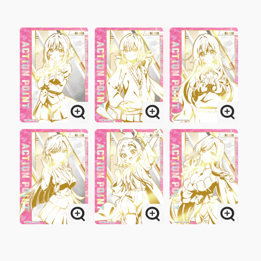Six gold-foil Japanese Union Arena "100 Girlfriends" anime trading cards with various female characters.