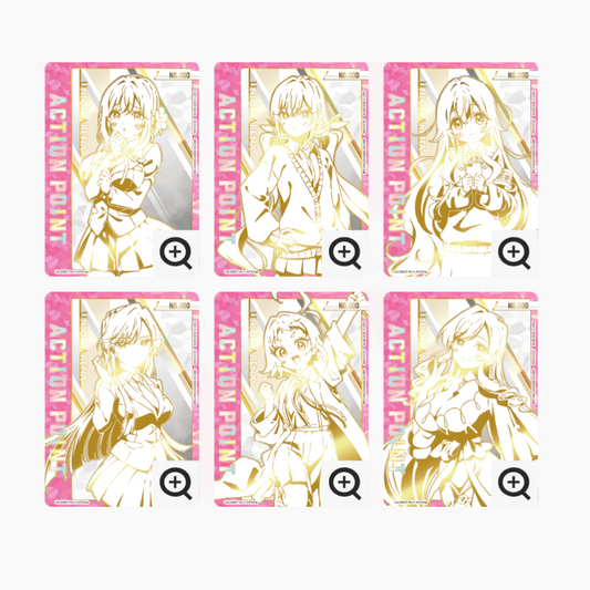 Six gold-foil Japanese Union Arena "100 Girlfriends" anime trading cards with various female characters.
