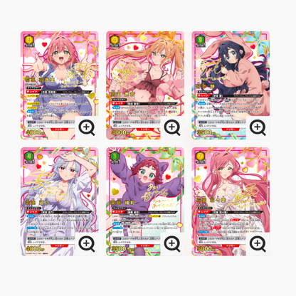 Six colorful Japanese Union Arena booster cards featuring anime girls from "The 100 Girlfriends.