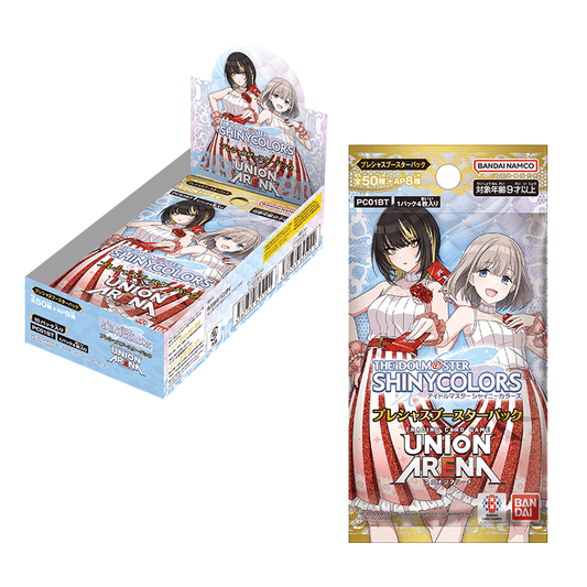 Union Arena The IdolM@ster Shiny Colors booster box and pack featuring anime character art in a light blue and red design.