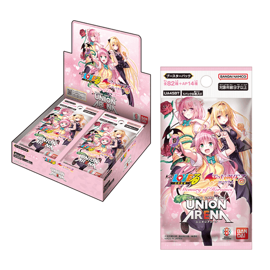 Union Arena To LOVE Ru Memory of Heroines booster box and pack featuring pink anime character artwork.