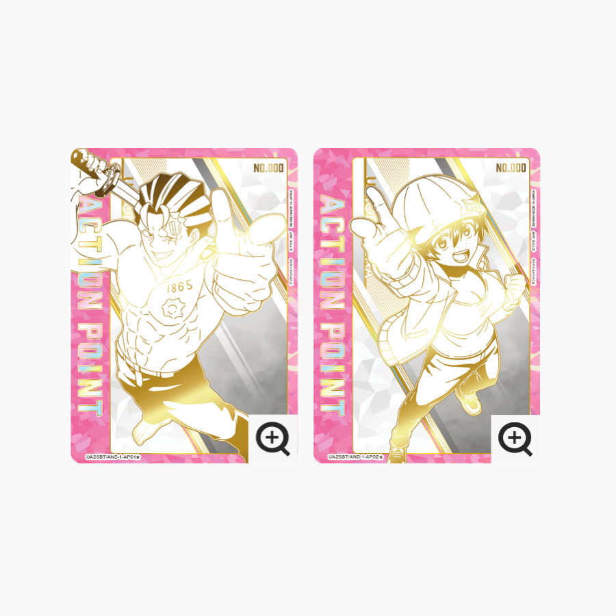 Two Union Arena Undead Unluck Action Point cards featuring gold-foiled anime characters on a pink and white geometric background.