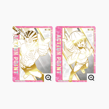 Two Union Arena Undead Unluck Action Point cards featuring gold-foiled anime characters on a pink and white geometric background.