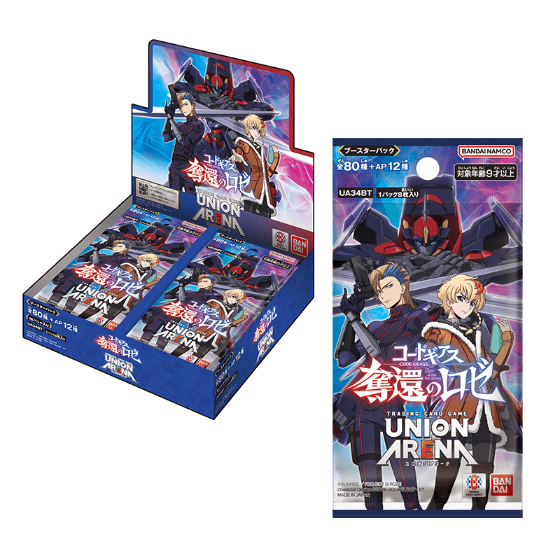 Union Arena Code Geass Rozé of the Recapture booster box and individual pack featuring anime character art in blue packaging.