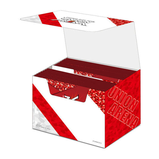 White and red Union Arena Clear Deck Case Vol.1, open with a divider, for 60-card decks.