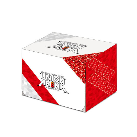 White and red Union Arena Clear Deck Case with geometric patterns, designed for 60-card decks.