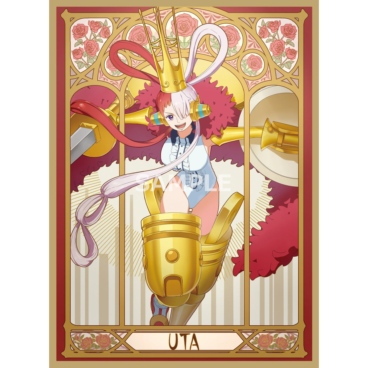 Uta (Armor) card sleeve with a red-haired character in a crown and golden armor, framed by roses.