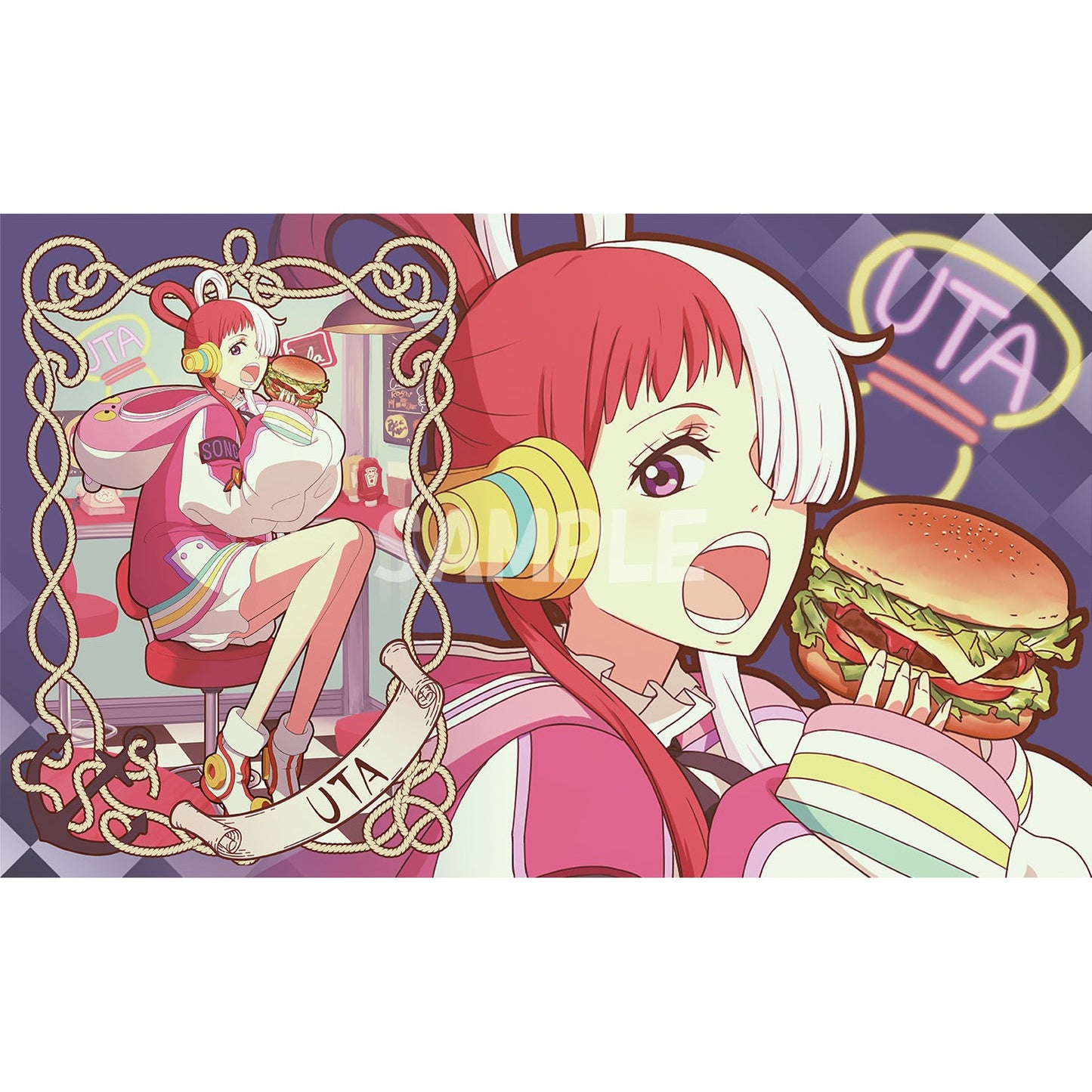 Uta (Burger) rubber playmat featuring anime girl Uta with red and white hair, eating a burger.