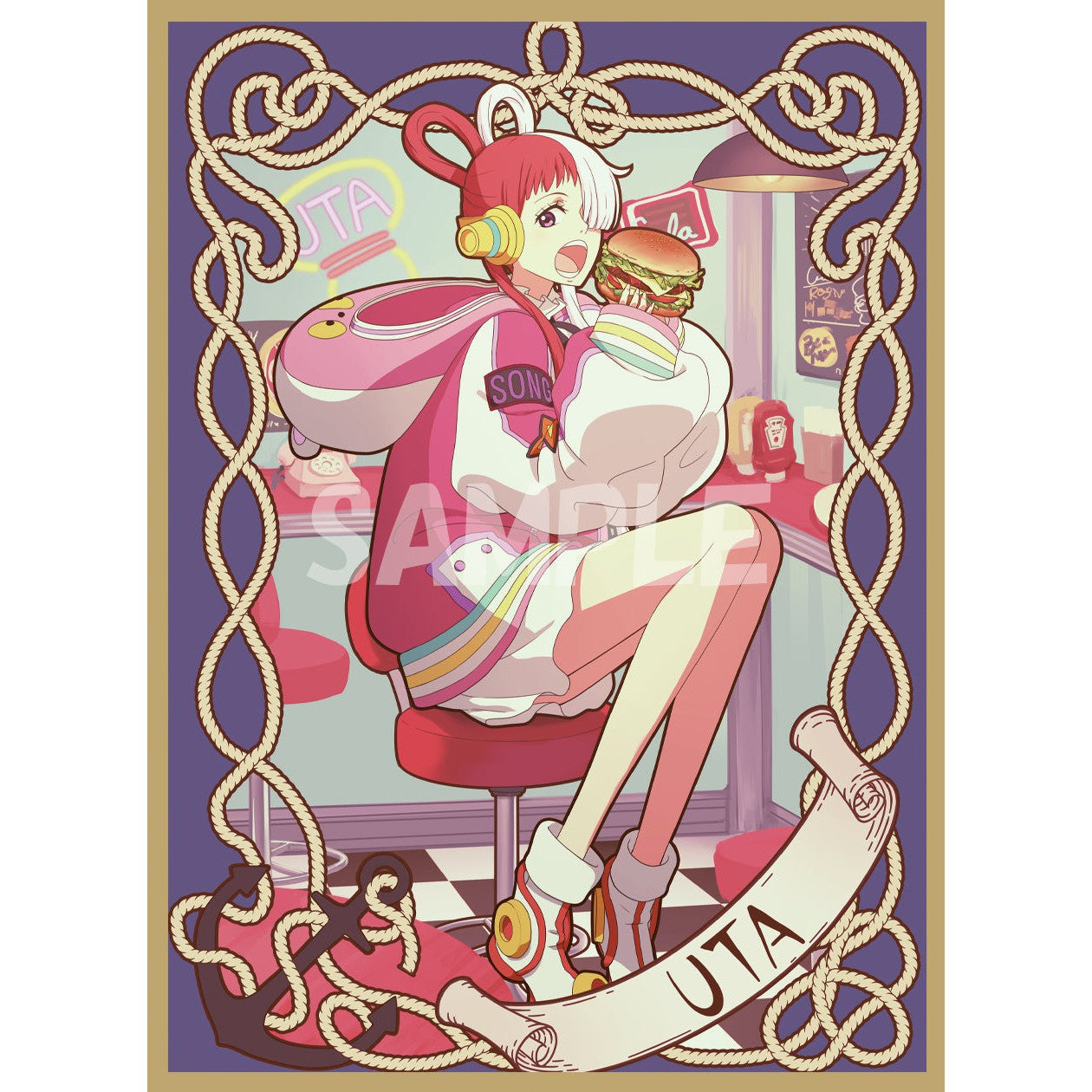 Anime card sleeve featuring Uta with red hair, eating a burger, framed by a rope design.