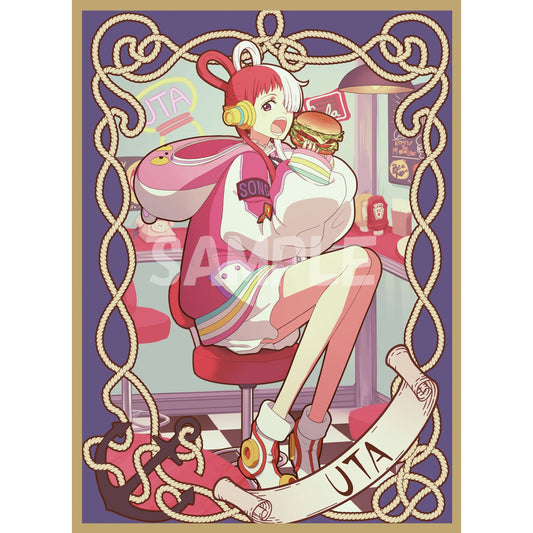 Anime card sleeve featuring Uta with red hair, eating a burger, framed by a rope design.