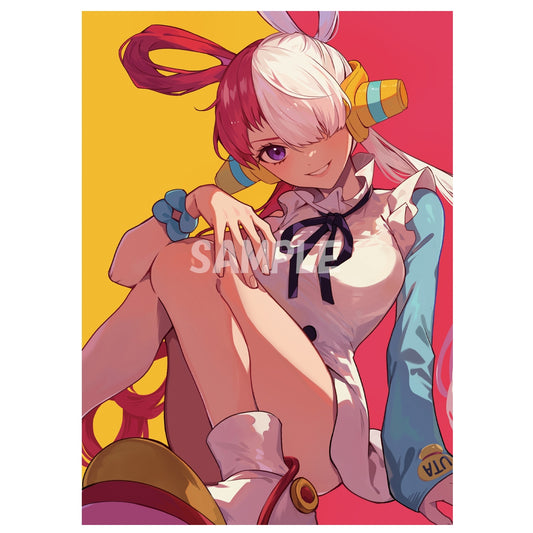 Uta card sleeve with anime girl, white and red hair, yellow headphones, and blue sleeve on a yellow and red background.