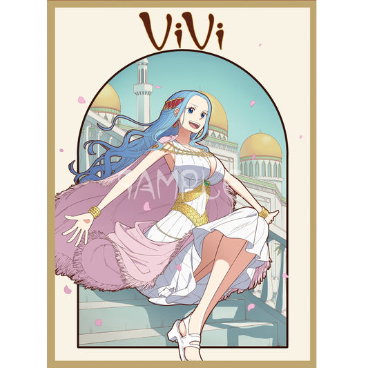 Vivi Sleeve featuring blue-haired Vivi in a white dress and pink cape, against an Arabian-style palace.