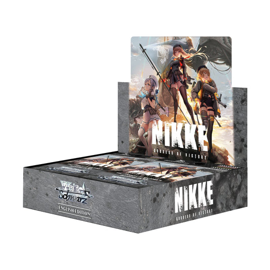 Weiss Schwarz Goddess of Victory Nikke English booster box featuring anime character artwork on a grey textured display.