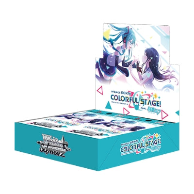 Weiss Schwarz Hatsune Miku Colorful Stage! booster box featuring anime character art on a teal display case.
