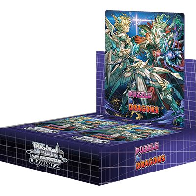 Weiss Schwarz Puzzle & Dragons Japanese booster box with anime characters on dark blue grid design.