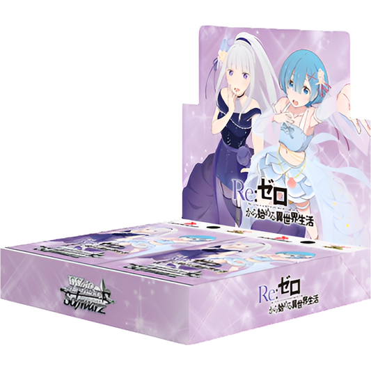 Factory-sealed Weiss Schwarz Re:ZERO Vol.3 booster box featuring Emilia and Rem on a purple anime-themed display box.