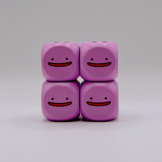 Four light purple 16mm wooden TCG dice with rounded corners and a custom smiling face design on the number one side.