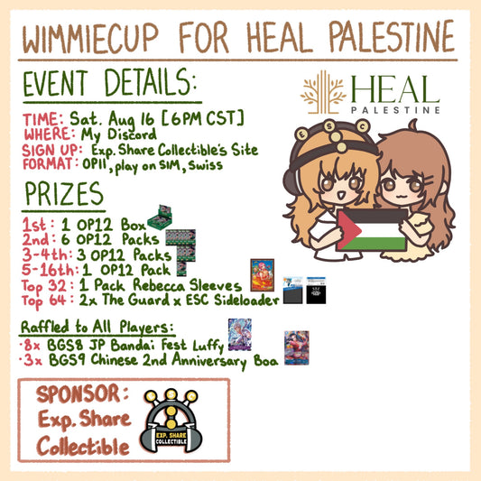 WimmieCup charity tournament flyer with anime characters holding a Palestinian flag, event details, and prize list.