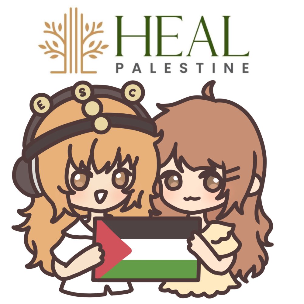 Two chibi-style anime girls holding a Palestinian flag below the green Heal Palestine logo on a white background.