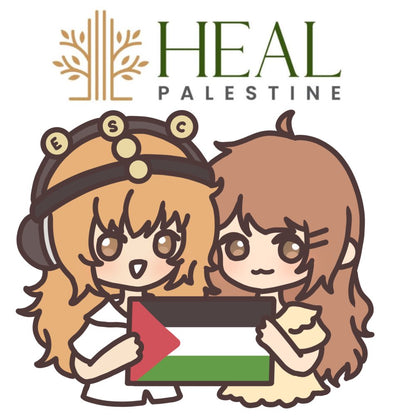 Two chibi-style anime girls holding a Palestinian flag below the green Heal Palestine logo on a white background.