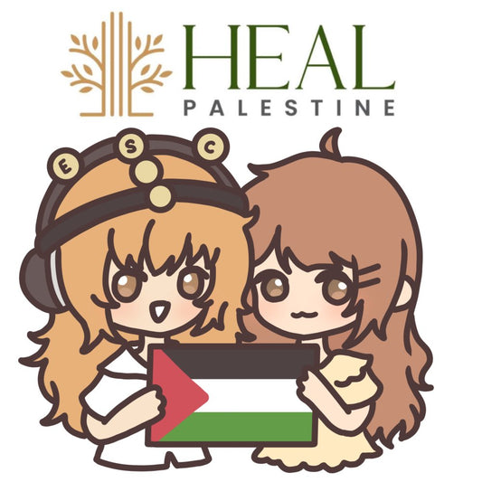 Two chibi-style anime girls holding a Palestinian flag below the green Heal Palestine logo on a white background.