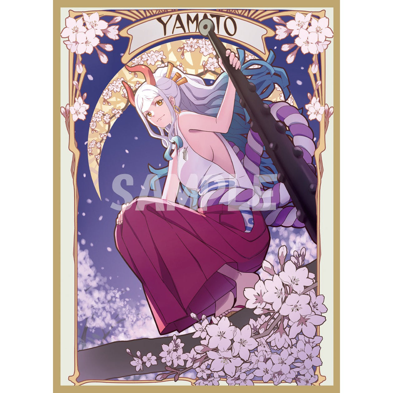 Yamato card sleeve with white hair, red horns, and purple skirt, surrounded by cherry blossoms.