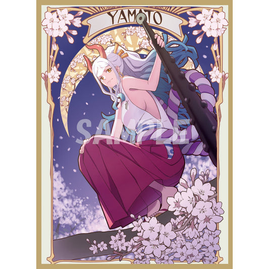 Yamato card sleeve with white hair, red horns, and purple skirt, surrounded by cherry blossoms.