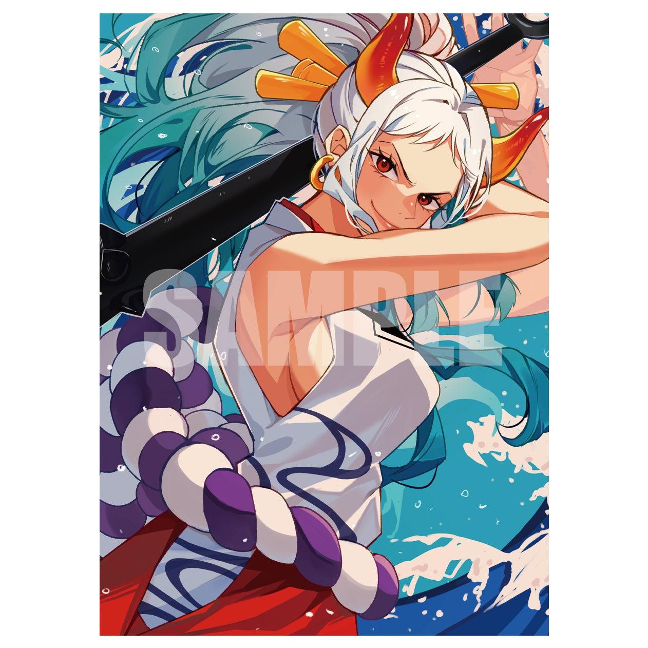 Yamato card sleeve featuring the character with white hair, red horns, and a sword, against a blue wave background.