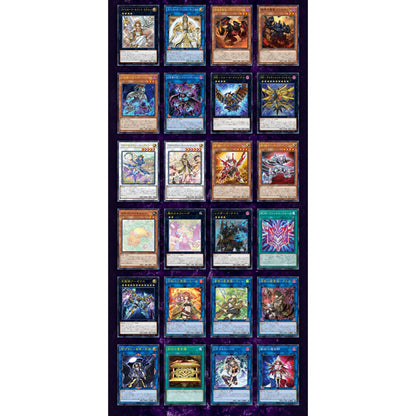 A grid of 28 diverse Yu-Gi-Oh! cards with various monster, spell, and trap designs on a purple background.